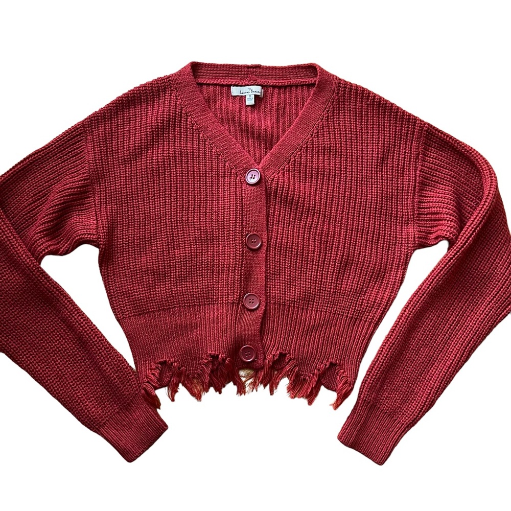 Love Tree Medium knit Button Up Cropped Sweater Cardigan Rust Color DISTRESSED